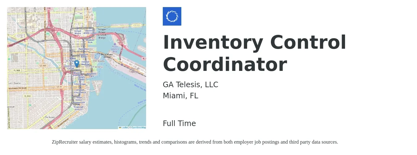 GA Telesis job posting for a Inventory Control Coordinator in Miami, FL with a salary of $18 to $23 Hourly with a map of Miami location.