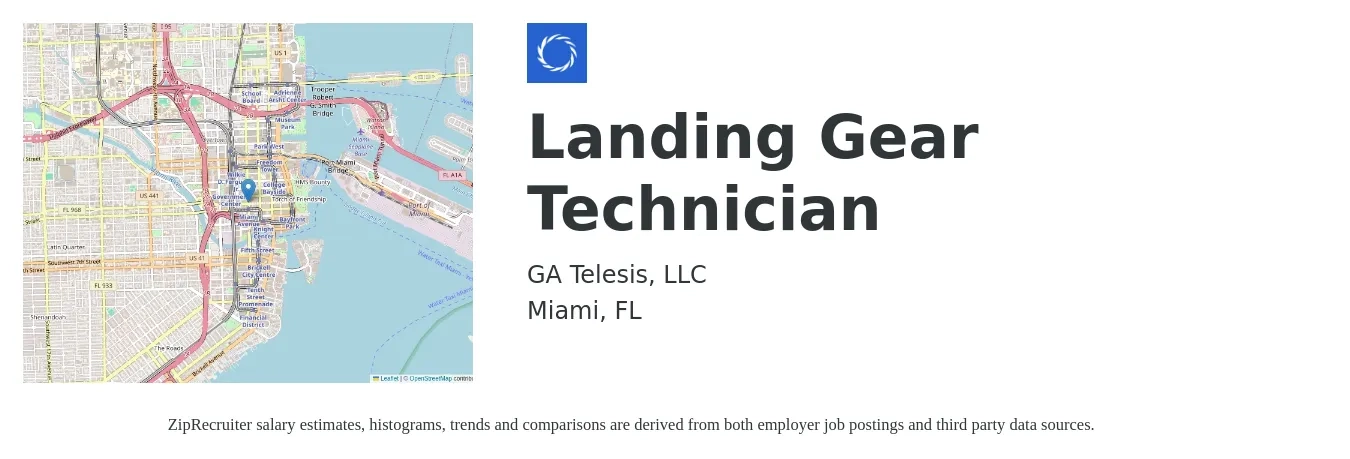 GA Telesis, LLC job posting for a Landing Gear Technician in Miami, FL with a salary of $21 to $30 Hourly with a map of Miami location.