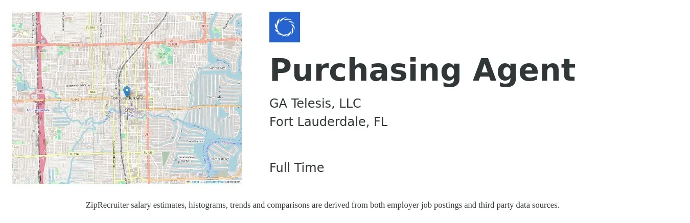 GA Telesis, LLC job posting for a Purchasing Agent in Fort Lauderdale, FL with a salary of $41,000 to $57,200 Yearly with a map of Fort Lauderdale location.