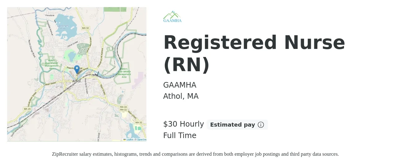 GAAMHA job posting for a Registered Nurse (RN) in Athol, MA with a salary of $32 Hourly with a map of Athol location.