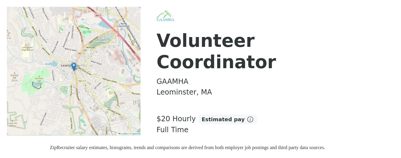 GAAMHA job posting for a Volunteer Coordinator in Leominster, MA with a salary of $21 Hourly with a map of Leominster location.