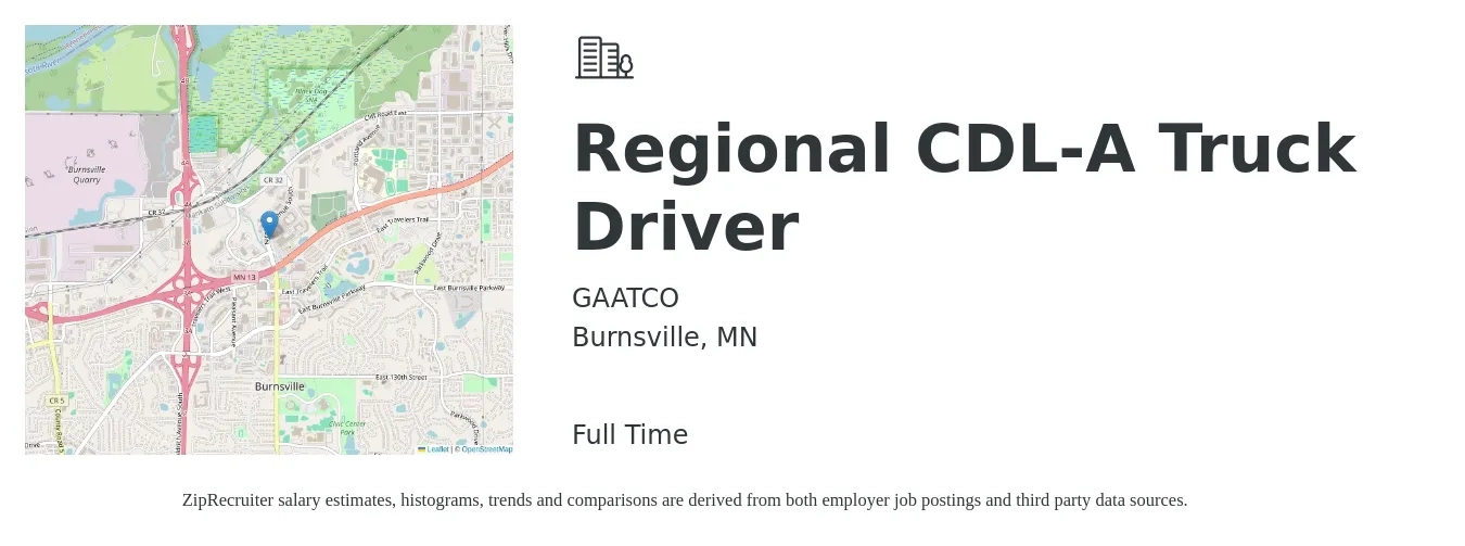 GAATCO job posting for a Regional CDL-A Truck Driver in Burnsville, MN with a salary of $60 Hourly with a map of Burnsville location.