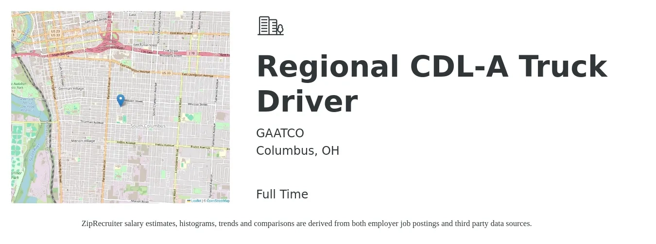 GAATCO job posting for a Regional CDL-A Truck Driver in Columbus, OH with a salary of $1,260 to $1,630 Weekly with a map of Columbus location.