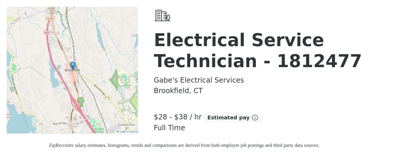 Gabe's Electrical Services job posting for a Electrical Service Technician - 1812477 in Brookfield, CT with a salary of $30 to $40 Hourly with a map of Brookfield location.