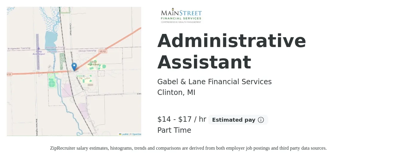 Gabel & Lane Financial Services job posting for a Administrative Assistant in Clinton, MI with a salary of $15 to $18 Hourly with a map of Clinton location.