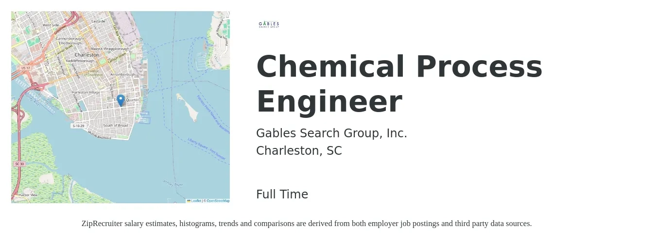 Gables Search Group job posting for a Chemical Process Engineer in Charleston, SC with a salary of $78,400 to $108,700 Yearly with a map of Charleston location.