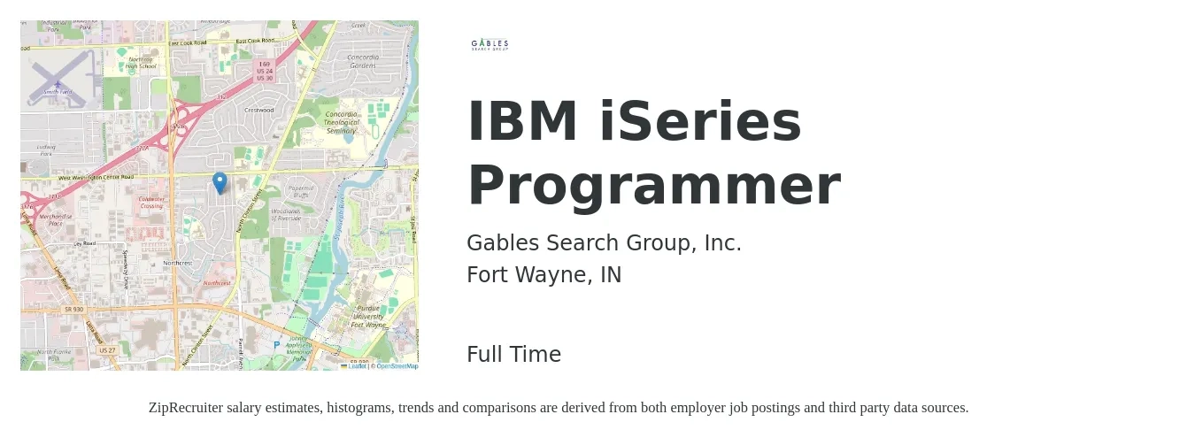 Gables Search Group job posting for a IBM iSeries Programmer in Fort Wayne, IN with a salary of $24 to $49 Hourly with a map of Fort Wayne location.