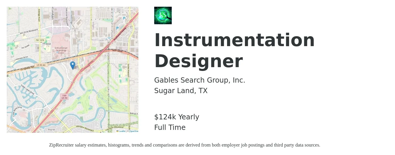 Gables Search Group job posting for a Instrumentation Designer in Sugar Land, TX with a salary of $124,800 Yearly with a map of Sugar Land location.