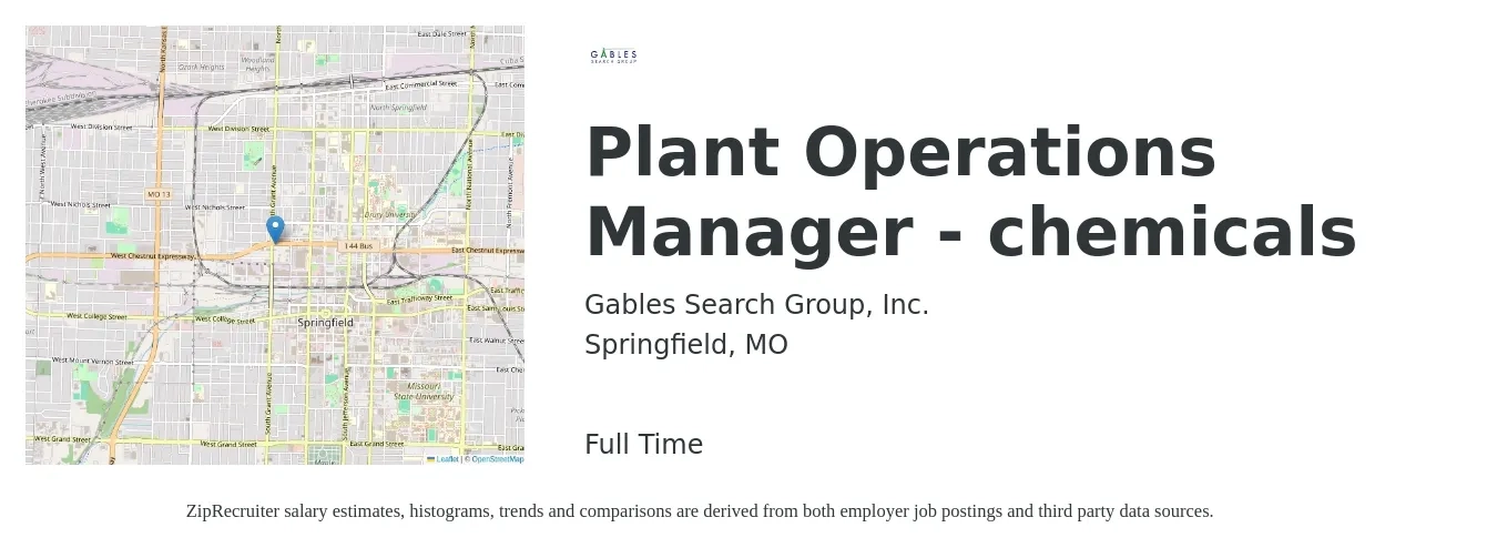 Gables Search Group job posting for a Plant Operations Manager - chemicals in Springfield, MO with a salary of $73,900 to $122,100 Yearly with a map of Springfield location.