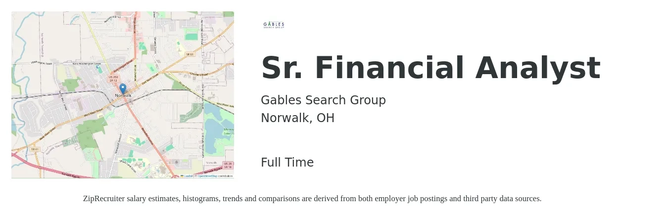 Gables Search Group job posting for a Sr. Financial Analyst in Norwalk, OH with a salary of $81,600 to $101,600 Yearly with a map of Norwalk location.