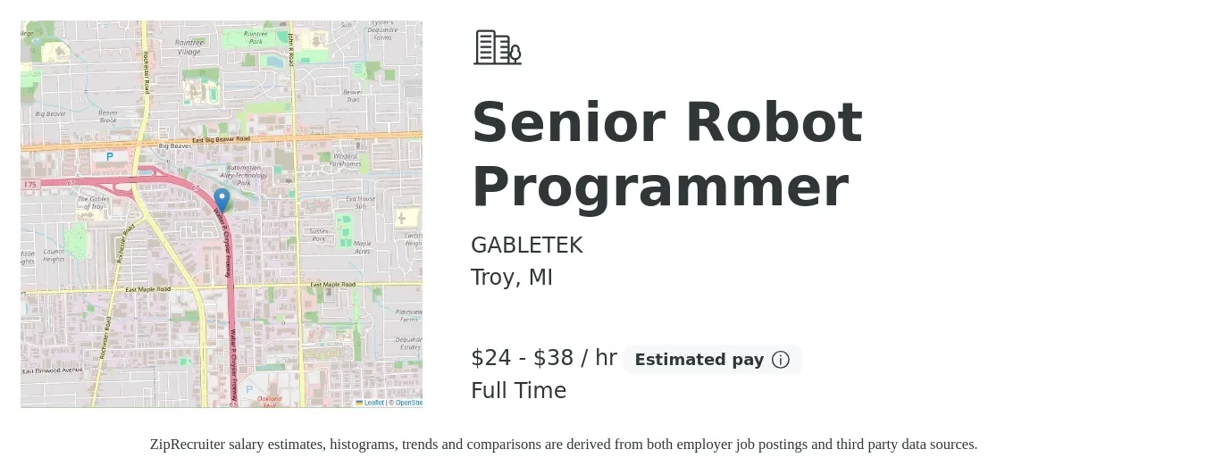 GABLETEK job posting for a Senior Robot Programmer in Troy, MI with a salary of $25 to $40 Hourly with a map of Troy location.