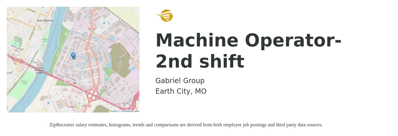 Gabriel Group job posting for a Machine Operator- 2nd shift in Earth City, MO with a salary of $16 to $20 Hourly with a map of Earth City location.