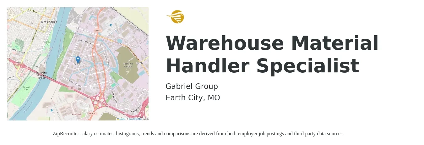 Gabriel Group job posting for a Warehouse Material Handler Specialist in Earth City, MO with a salary of $16 to $19 Hourly with a map of Earth City location.