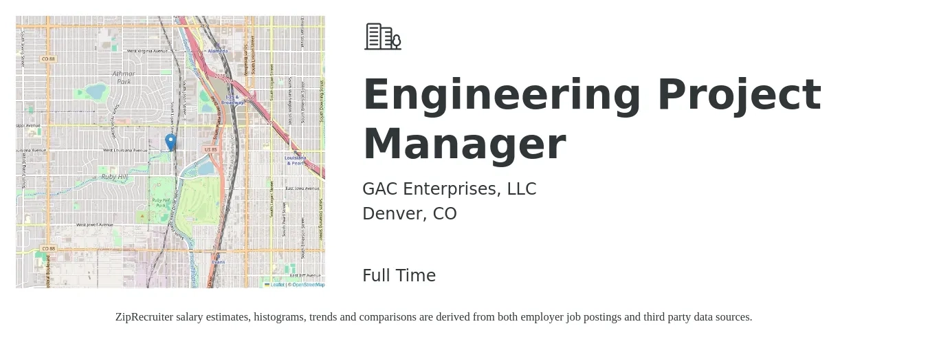 GAC Enterprises, LLC job posting for a Engineering Project Manager in Denver, CO with a salary of $93,100 to $134,300 Yearly with a map of Denver location.