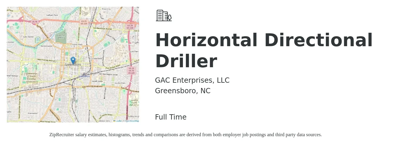 GAC Enterprises, LLC job posting for a Horizontal Directional Driller in Greensboro, NC with a salary of $24 to $29 Hourly with a map of Greensboro location.