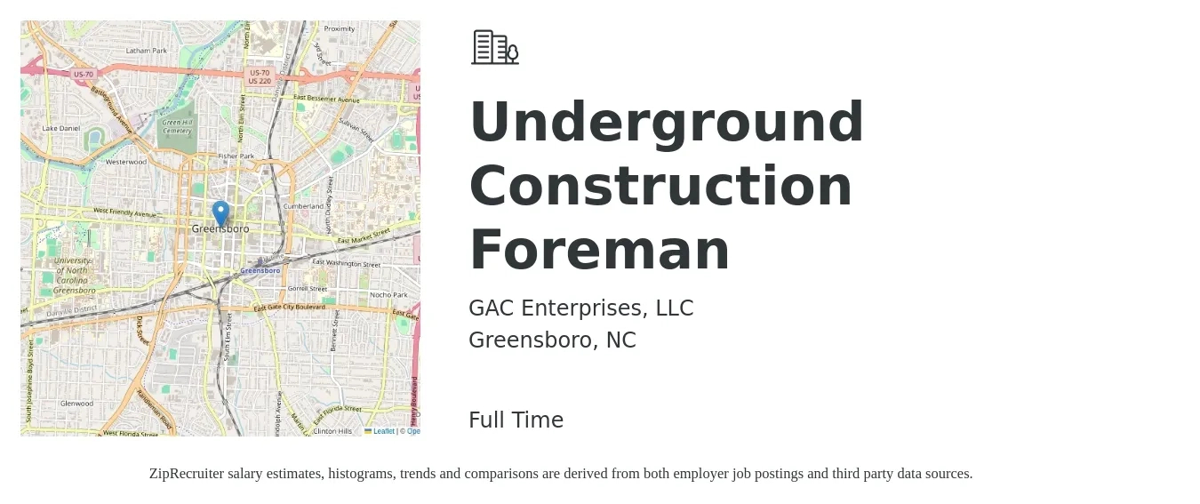 GAC Enterprises, LLC job posting for a Underground Construction Foreman in Greensboro, NC with a salary of $68,800 to $111,900 Yearly with a map of Greensboro location.