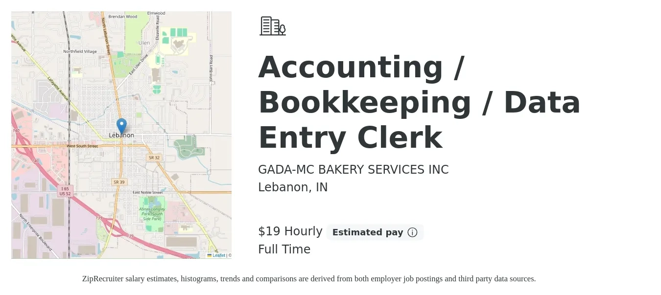 GADA-MC BAKERY SERVICES INC job posting for a Accounting / Bookkeeping / Data Entry Clerk in Lebanon, IN with a salary of $20 Hourly with a map of Lebanon location.