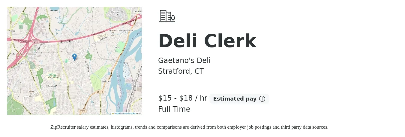 Gaetano's Deli job posting for a Deli Clerk in Stratford, CT with a salary of $16 to $19 Hourly and benefits including retirement with a map of Stratford location.