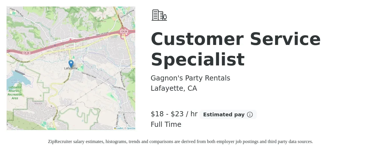 Gagnon's Party Rentals job posting for a Customer Service Specialist in Lafayette, CA with a salary of $20 to $24 Hourly with a map of Lafayette location.