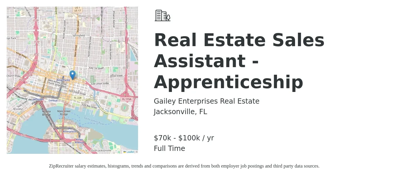 Gailey Enterprises Real Estate job posting for a Real Estate Sales Assistant - Apprenticeship in Jacksonville, FL with a salary of $70,000 to $100,000 Yearly with a map of Jacksonville location.