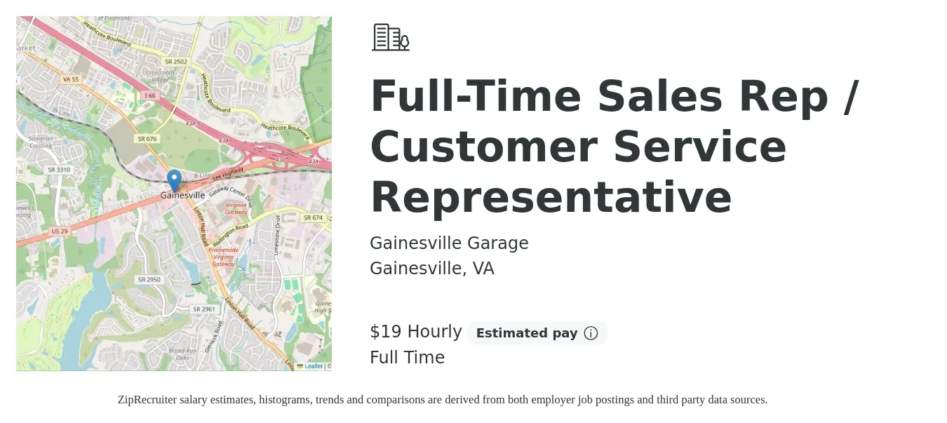 Gainesville Garage job posting for a Full-Time Sales Rep / Customer Service Representative in Gainesville, VA with a salary of $20 Hourly with a map of Gainesville location.