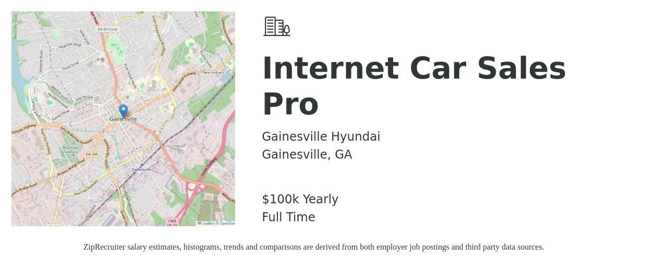 Gainesville Hyundai job posting for a Internet Car Sales Pro in Gainesville, GA with a salary of $100,000 Yearly with a map of Gainesville location.