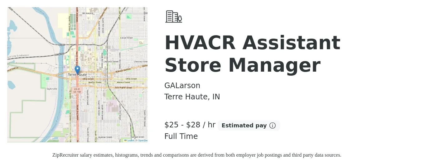 GALarson job posting for a HVACR Assistant Store Manager in Terre Haute, IN with a salary of $26 to $30 Hourly with a map of Terre Haute location.