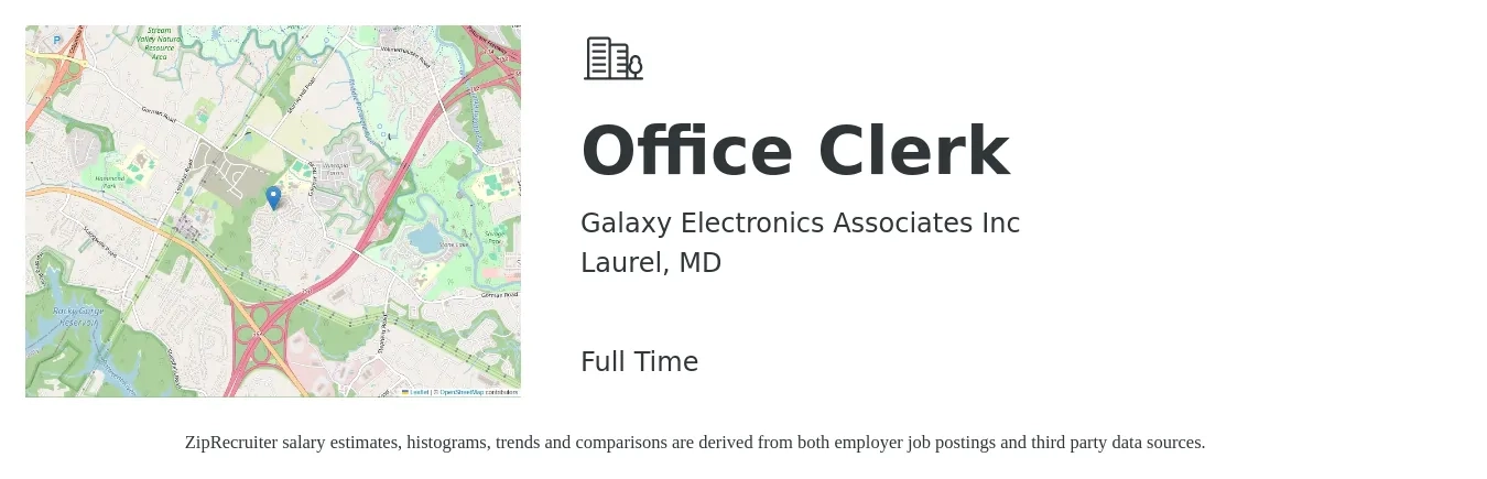 Galaxy Electronics Associates Inc job posting for a Office Clerk in Laurel, MD with a salary of $16 to $20 Hourly with a map of Laurel location.