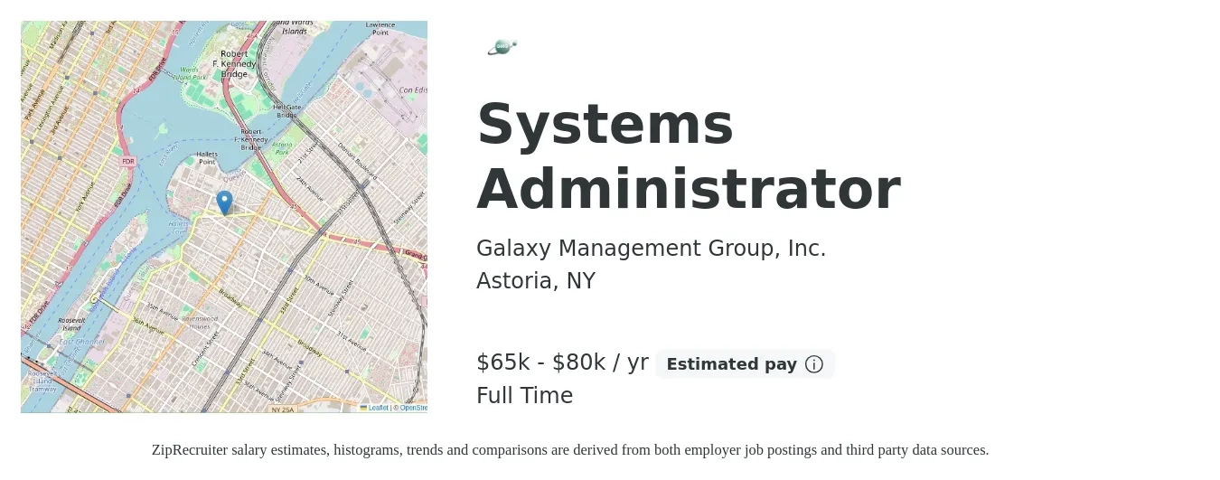 Galaxy Management Group, Inc. job posting for a Systems Administrator in Astoria, NY with a salary of $65,000 to $80,000 Yearly with a map of Astoria location.