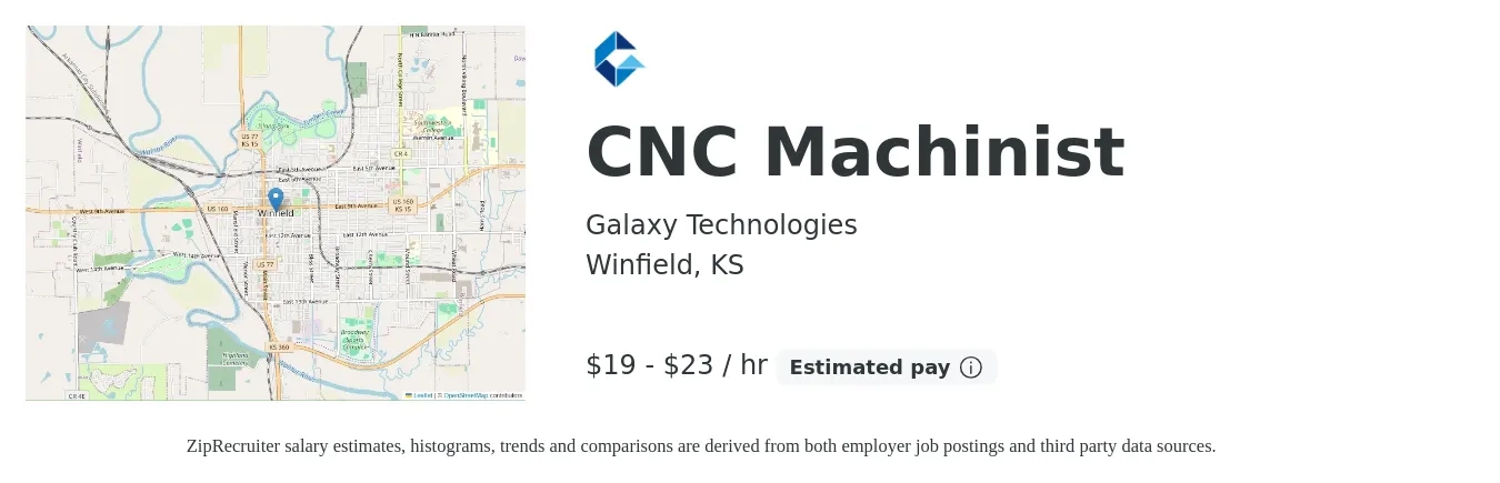 Galaxy Technologies job posting for a CNC Machinist in Winfield, KS with a salary of $20 to $24 Hourly with a map of Winfield location.