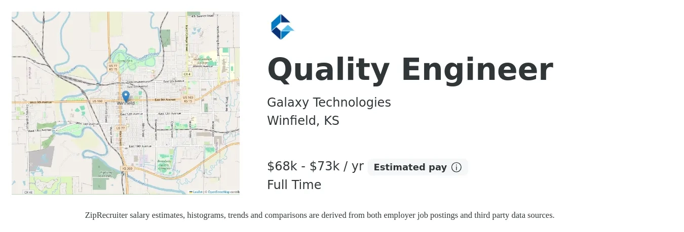 Galaxy Technologies job posting for a Quality Engineer in Winfield, KS with a salary of $68,000 to $73,000 Yearly with a map of Winfield location.