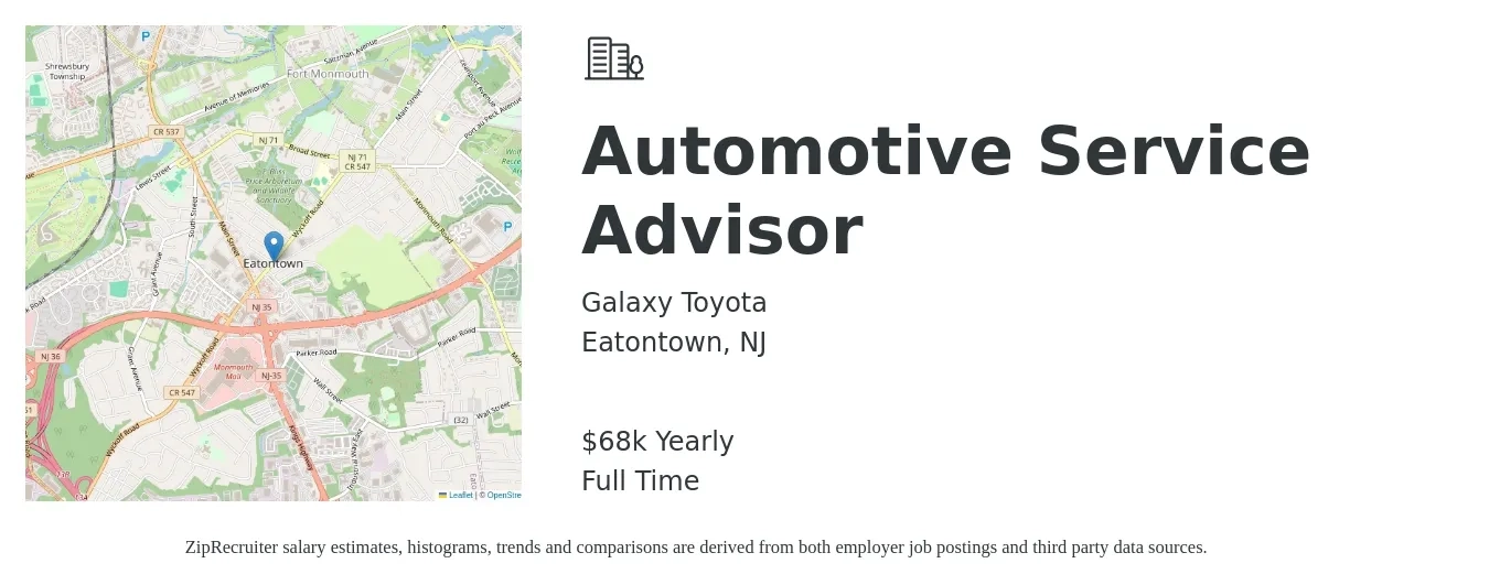 Galaxy Toyota job posting for a Automotive Service Advisor in Eatontown, NJ with a salary of $68,000 Yearly with a map of Eatontown location.
