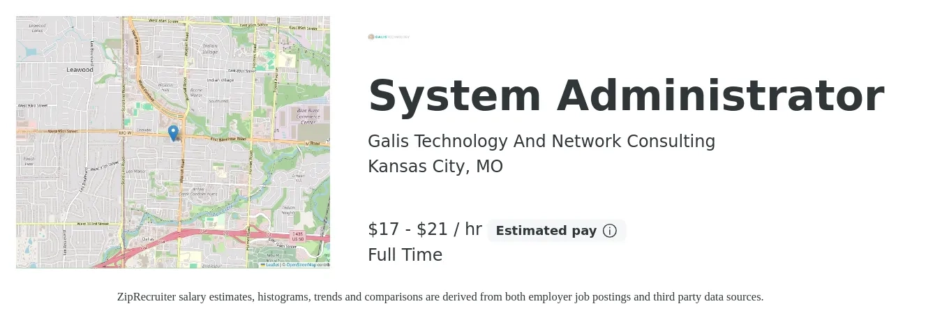 Galis Technology And Network Consulting job posting for a System Administrator in Kansas City, MO with a salary of $18 to $22 Hourly with a map of Kansas City location.