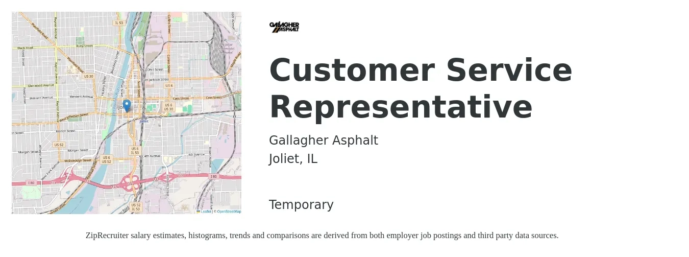 Gallagher Asphalt job posting for a Customer Service Representative in Joliet, IL with a salary of $16 to $21 Hourly with a map of Joliet location.