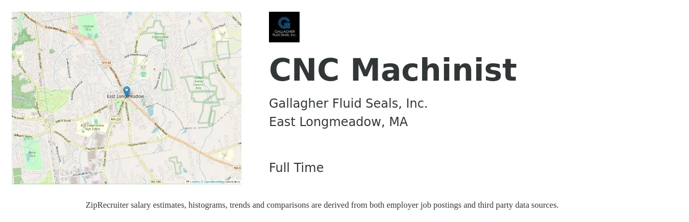 Gallagher Fluid Seals, Inc. job posting for a CNC Machinist in East Longmeadow, MA with a salary of $20 to $28 Hourly with a map of East Longmeadow location.