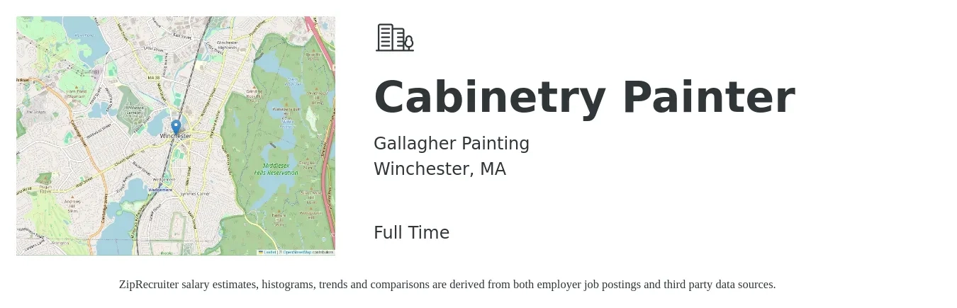 Gallagher Painting job posting for a Cabinetry Painter in Winchester, MA with a salary of $19 to $26 Hourly with a map of Winchester location.