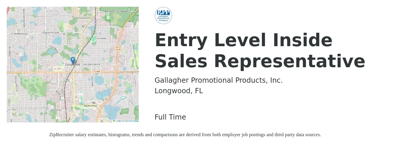 Gallagher Promotional Products, Inc. job posting for a Entry Level Inside Sales Representative in Longwood, FL with a salary of $18 Hourly with a map of Longwood location.