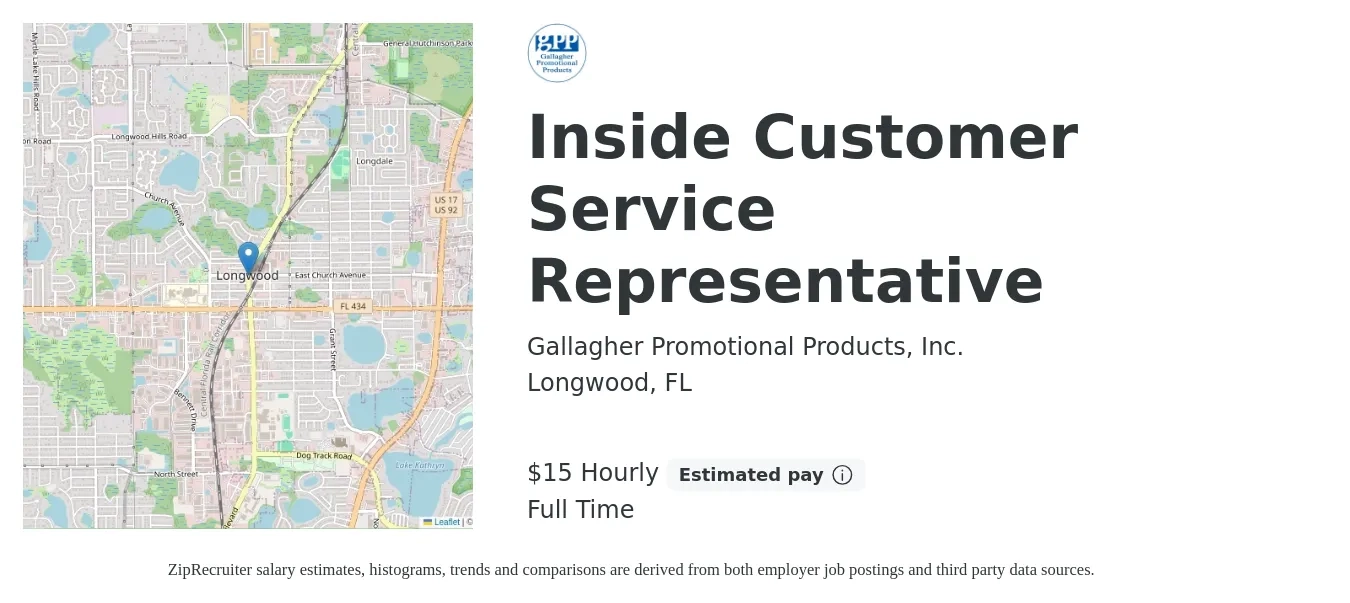 Gallagher Promotional Products, Inc. job posting for a Inside Customer Service Representative in Longwood, FL with a salary of $16 Hourly with a map of Longwood location.