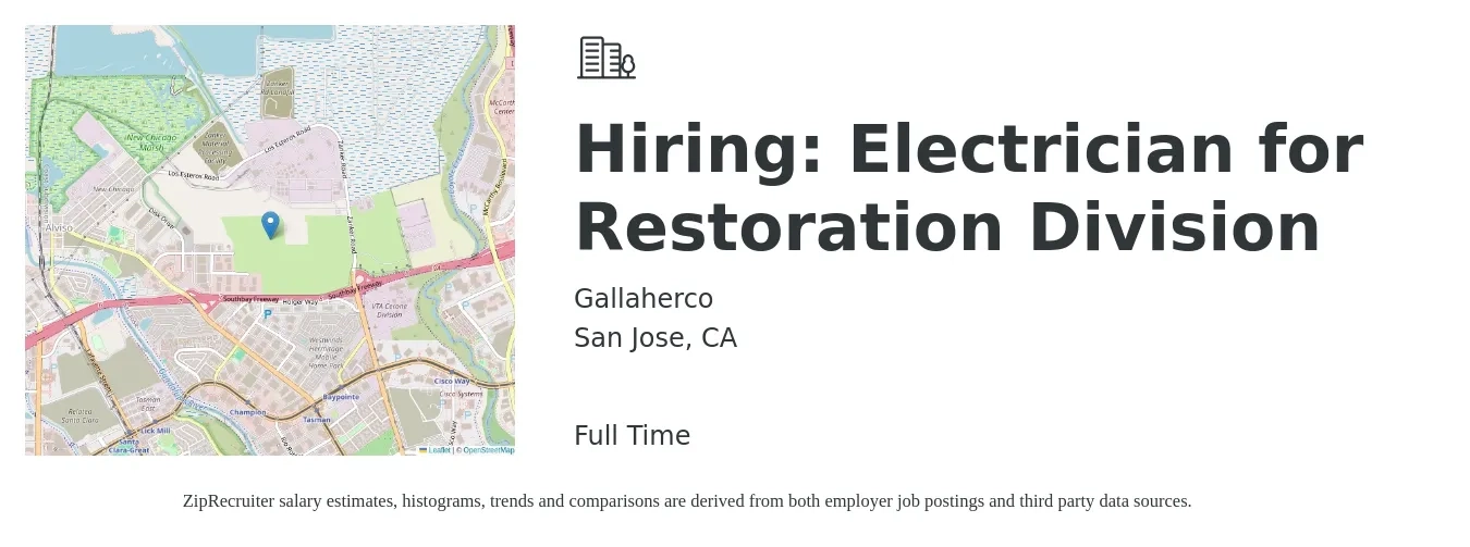 Gallaherco job posting for a Hiring: Electrician for Restoration Division in San Jose, CA with a salary of $29 to $40 Hourly with a map of San Jose location.