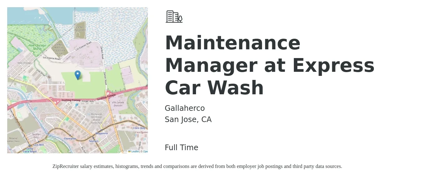 Gallaherco job posting for a Maintenance Manager at Express Car Wash in San Jose, CA with a salary of $32 to $38 Hourly with a map of San Jose location.