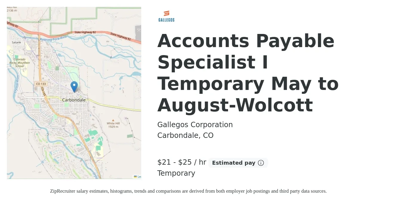 Gallegos Corporation job posting for a Accounts Payable Specialist I Temporary May to August-Wolcott in Carbondale, CO with a salary of $23 to $27 Hourly with a map of Carbondale location.