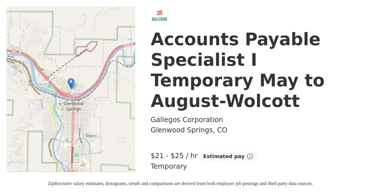 Gallegos Corporation job posting for a Accounts Payable Specialist I Temporary May to August-Wolcott in Glenwood Springs, CO with a salary of $23 to $27 Hourly with a map of Glenwood Springs location.