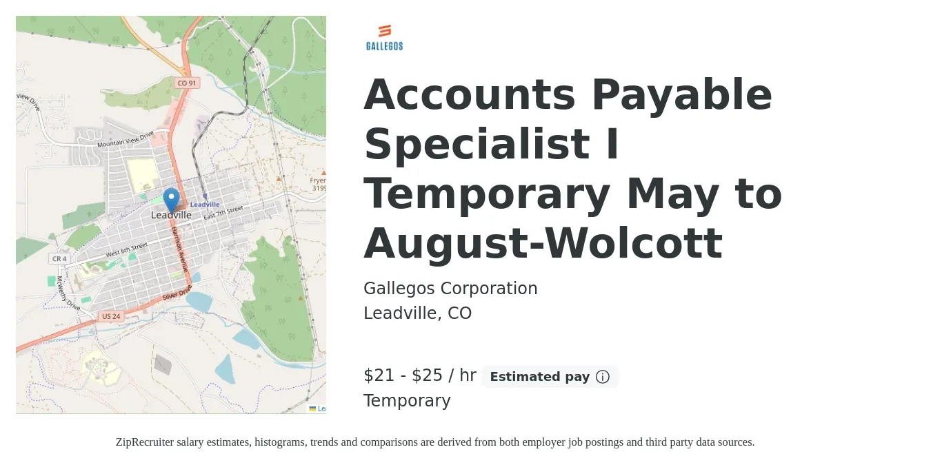 Gallegos Corporation job posting for a Accounts Payable Specialist I Temporary May to August-Wolcott in Leadville, CO with a salary of $23 to $27 Hourly with a map of Leadville location.