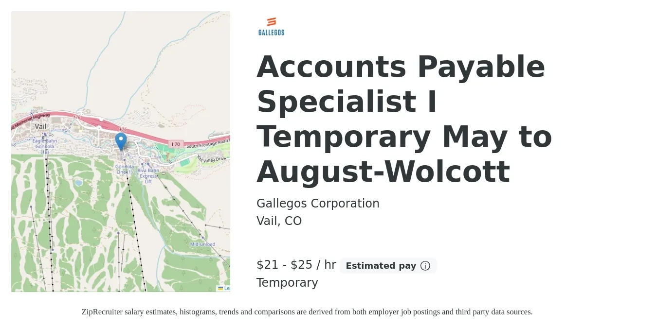 Gallegos Corporation job posting for a Accounts Payable Specialist I Temporary May to August-Wolcott in Vail, CO with a salary of $23 to $27 Hourly with a map of Vail location.