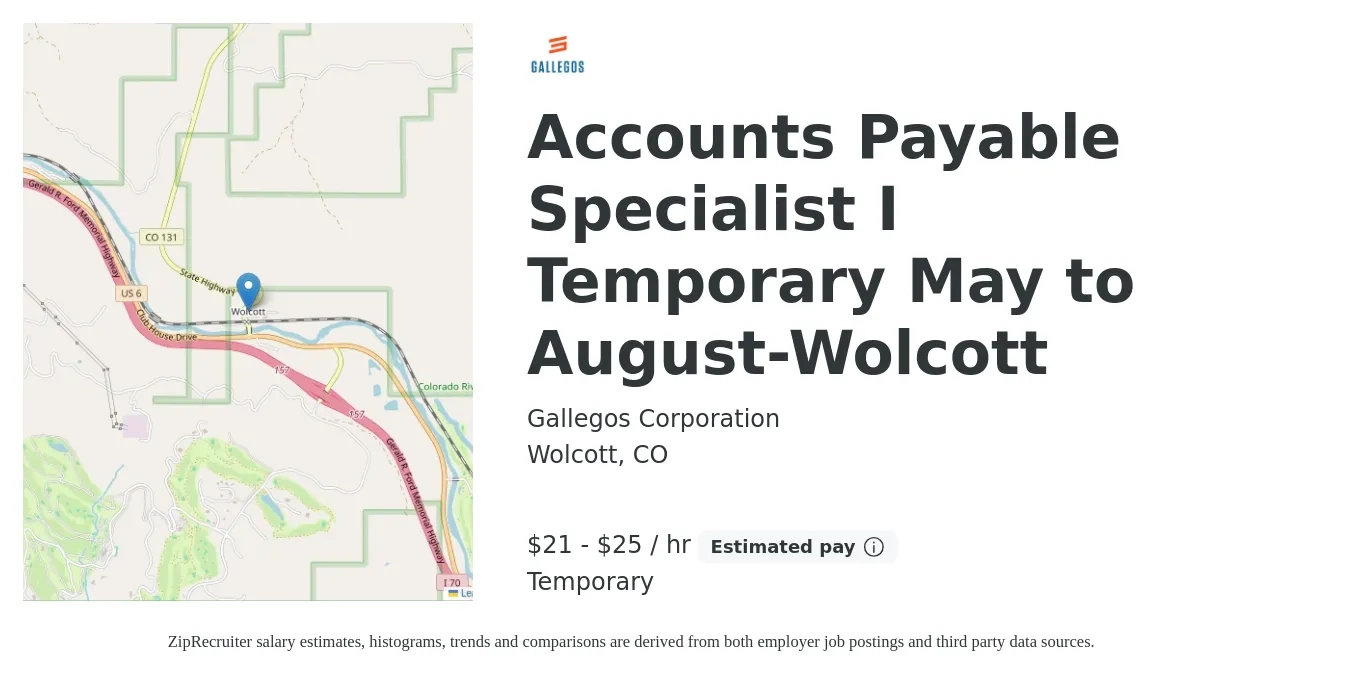 Gallegos Corporation job posting for a Accounts Payable Specialist I Temporary May to August-Wolcott in Wolcott, CO with a salary of $23 to $27 Hourly with a map of Wolcott location.