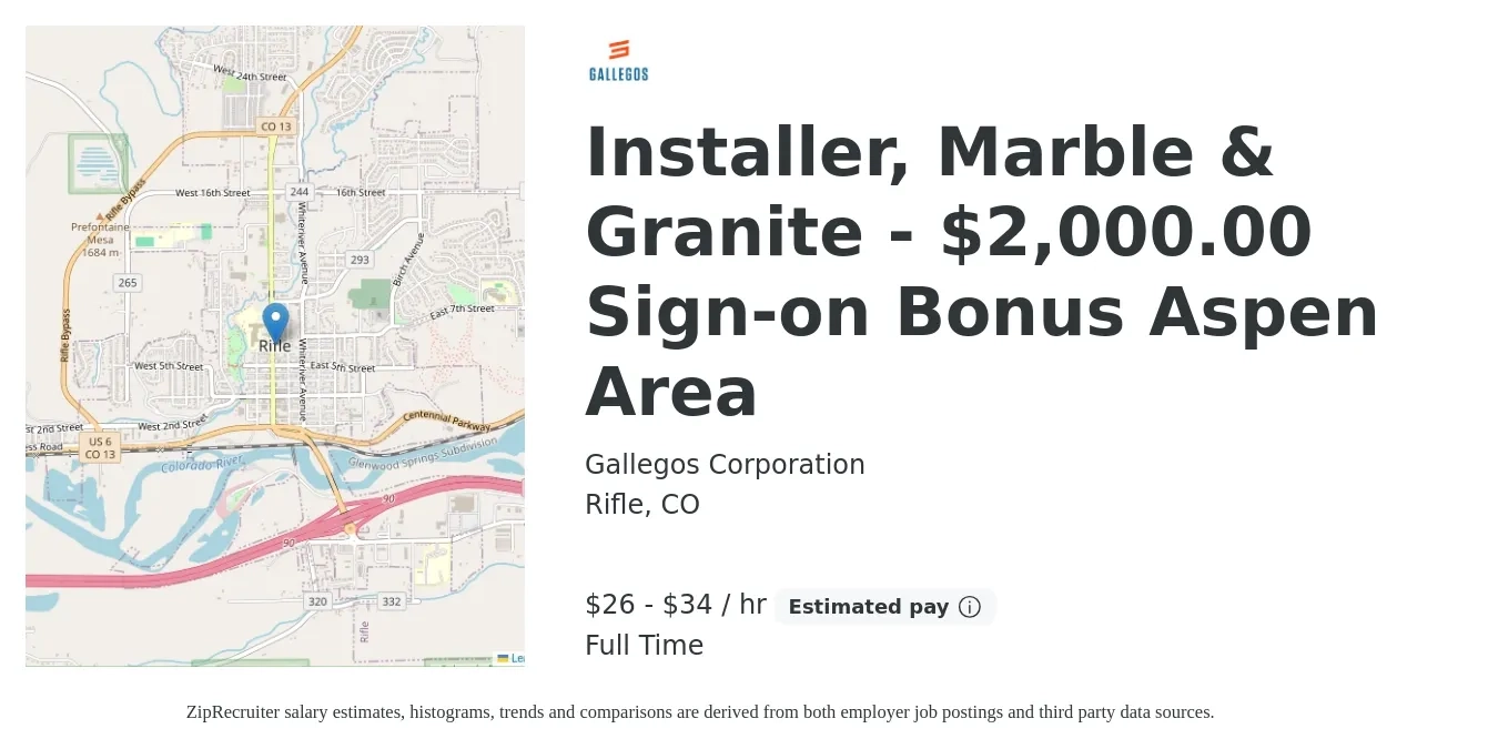 Gallegos Corporation job posting for a Installer, Marble & Granite - $2,000.00 Sign-on Bonus Aspen Area in Rifle, CO with a salary of $28 to $36 Hourly with a map of Rifle location.