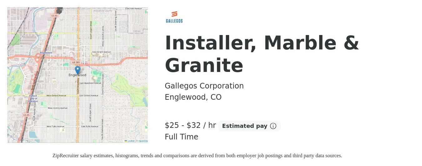 Gallegos Corporation job posting for a Installer, Marble & Granite in Englewood, CO with a salary of $26 to $34 Hourly with a map of Englewood location.