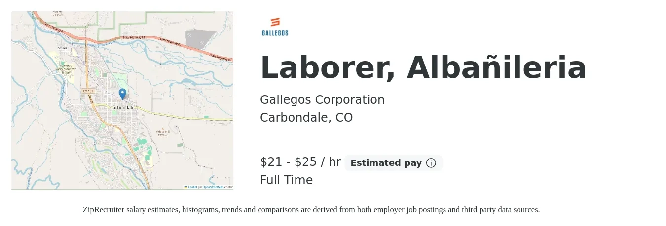 Gallegos Corporation job posting for a Laborer, Albañileria in Carbondale, CO with a salary of $23 to $27 Hourly with a map of Carbondale location.