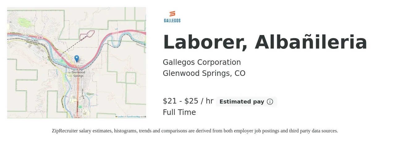 Gallegos Corporation job posting for a Laborer, Albañileria in Glenwood Springs, CO with a salary of $23 to $27 Hourly with a map of Glenwood Springs location.