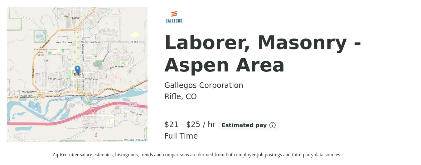 Gallegos Corporation job posting for a Laborer, Masonry - Aspen Area in Rifle, CO with a salary of $23 to $27 Hourly with a map of Rifle location.